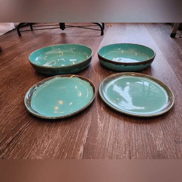 Jaska of California Cascade Ware Blue with Brown Drip Vintage 2 bowls 2 plates - Picture 2 of 13